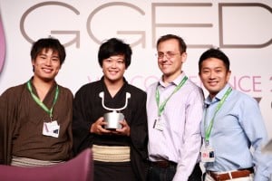 Winners of the WIT Start-Up Pitch at the WIT Conference in Singapore last October, Ian Ishida (second from left), co-founder of Trippiece of Japan, with Fritz Demopoulos (second from right) and Kei Shibata (extreme right)