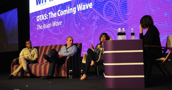 The Asian Wave, from left, Keyur Joshi, MakeMyTrip; Timothy Hughes, Agoda; and Kathleen Tan, AirAsia Expedia