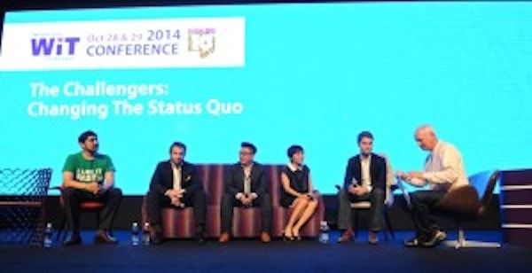 The Challengers, from left, Aaron Gill, GrabTaxi; Mario Berta, EasyTaxi; T Fuad, Travelmob; Melissa Yang, Tujia; Johannes Reck, GetYourGuide; and moderator Philip Wolf, founder, PhoCusWright