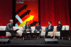 The mobile-first panel: From left, Douglas Quinby, Phocuswright, moderating Sam Shank, Hrush Bhatt, Barney Harford and Zhao Yiliu